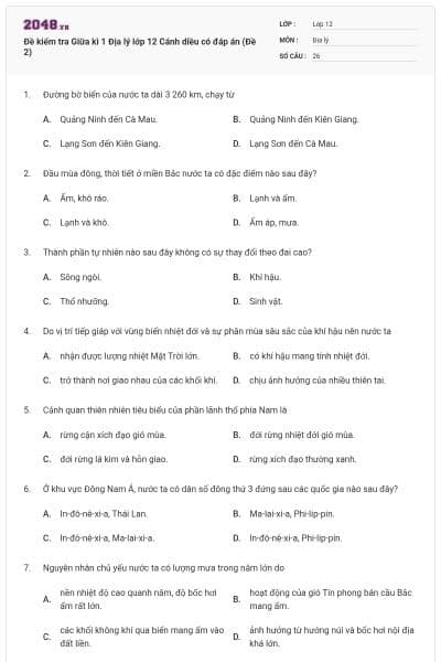 Đề kiểm tra Giữa kì 1 Địa lý lớp 12 Cánh diều có đáp án (Đề 2)