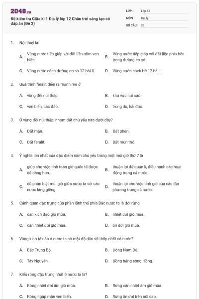 Đề kiểm tra Giữa kì 1 Địa lý lớp 12 Chân trời sáng tạo có đáp án (Đề 2)