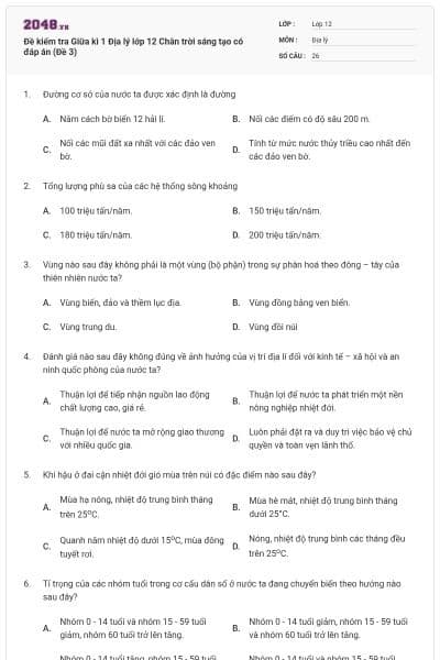 Đề kiểm tra Giữa kì 1 Địa lý lớp 12 Chân trời sáng tạo có đáp án (Đề 3)