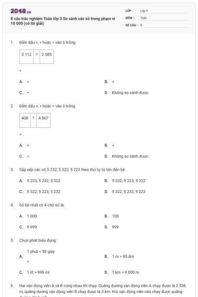 8 câu trắc nghiệm Toán lớp 3 So sánh các số trong phạm vi 10 000 (có lời giải)