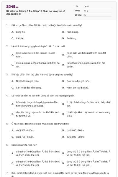 Đề kiểm tra Giữa kì 1 Địa lý lớp 12 Chân trời sáng tạo có đáp án (Đề 4)