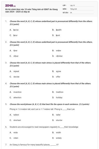 Đề thi chính thức vào 10 môn Tiếng Anh sở GDĐT An Giang năm 2024 - 2025 có đáp án