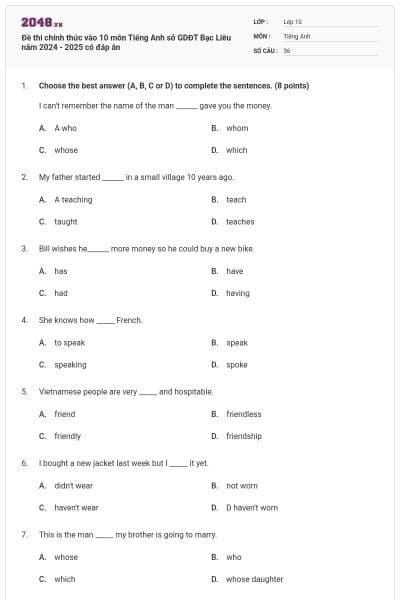 Đề thi chính thức vào 10 môn Tiếng Anh sở GDĐT Bạc Liêu năm 2024 - 2025 có đáp án