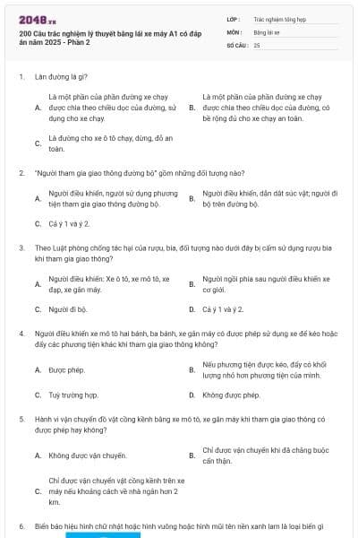 200 Câu trắc nghiệm lý thuyết bằng lái xe máy A1 có đáp án năm 2025 - Phần 2