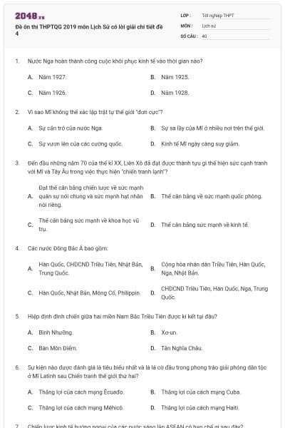 Đề ôn thi THPTQG 2019 môn Lịch Sử có lời giải chi tiết đề 4