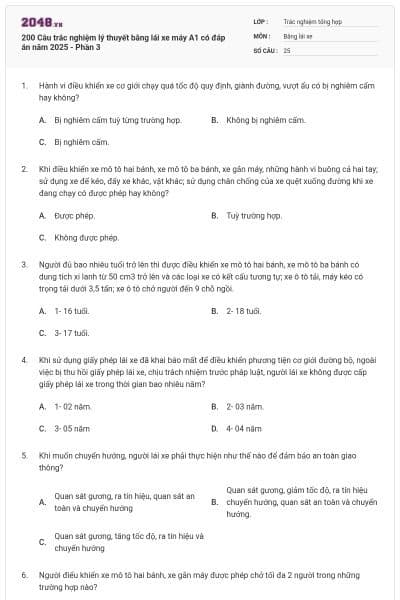 200 Câu trắc nghiệm lý thuyết bằng lái xe máy A1 có đáp án năm 2025 - Phần 3