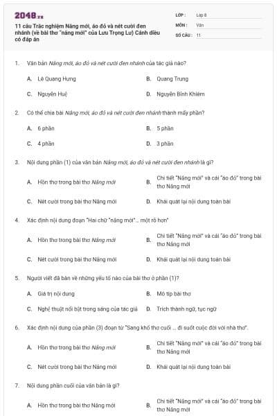 11 câu Trắc nghiệm Nắng mới, áo đỏ và nét cười đen nhánh (về bài thơ “nắng mới” của Lưu Trọng Lư) Cánh diều có đáp án