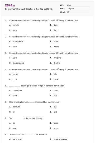 Đề kiểm tra Tiếng anh 6 Giữa học kì 2 có đáp án (Đề 16)