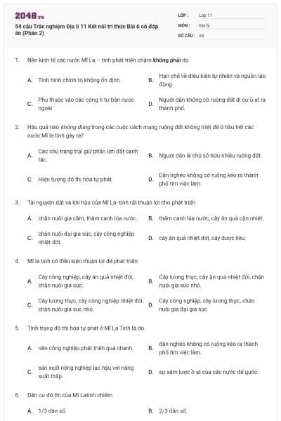 54 câu Trắc nghiệm Địa lí 11 Kết nối tri thức Bài 6 có đáp án (Phần 2)