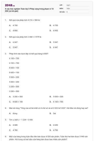 8 câu trắc nghiệm Toán lớp 3 Phép cộng trong phạm vi 10 000 (có lời giải)