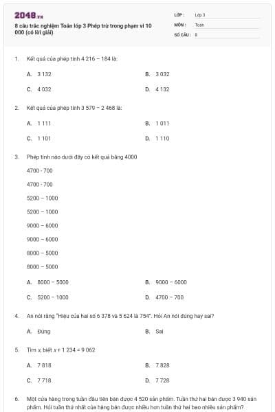 8 câu trắc nghiệm Toán lớp 3 Phép trừ trong phạm vi 10 000 (có lời giải)