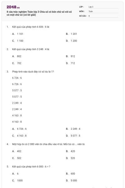 8 câu trắc nghiệm Toán lớp 3 Chia số có bốn chữ số với số có một chữ số (có lời giải)
