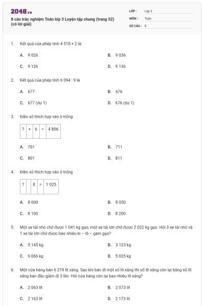 8 câu trắc nghiệm Toán lớp 3 Luyện tập chung (trang 52) (có lời giải)