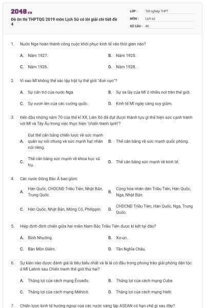 Đề ôn thi THPTQG 2019 môn Lịch Sử có lời giải chi tiết đề 4