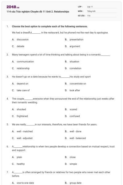 114 câu Trắc nghiệm Chuyên đề 11 Unit 2. Relationships