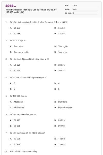 8 câu trắc nghiệm Toán lớp 3 Các số có năm chữ số. Số 100 000 (có lời giải)