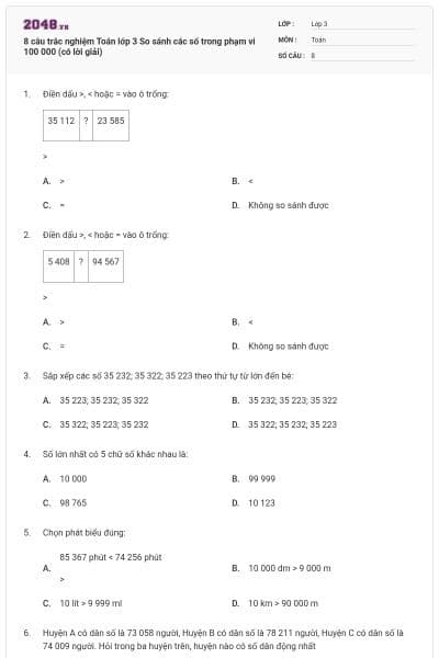 8 câu trắc nghiệm Toán lớp 3 So sánh các số trong phạm vi 100 000 (có lời giải)