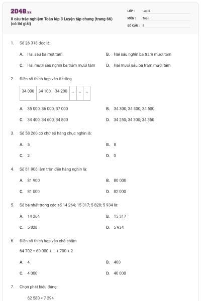 8 câu trắc nghiệm Toán lớp 3 Luyện tập chung (trang 66) (có lời giải)