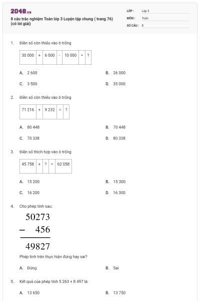 8 câu trắc nghiệm Toán lớp 3 Luyện tập chung ( trang 76) (có lời giải)