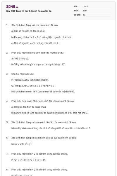 Giải SBT Toán 10 Bài 1. Mệnh đề có đáp án