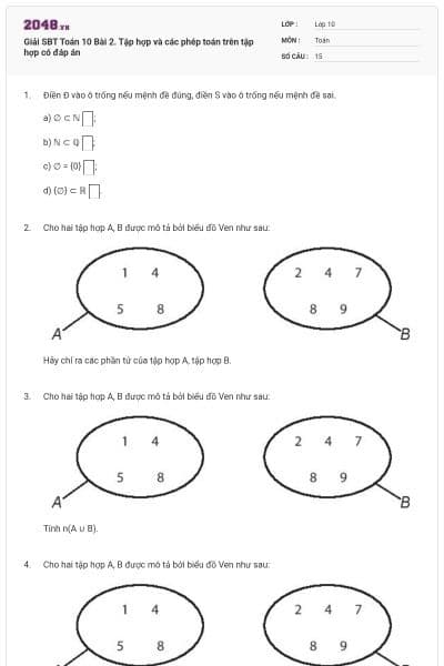 Giải SBT Toán 10 Bài 2. Tập hợp và các phép toán trên tập hợp có đáp án
