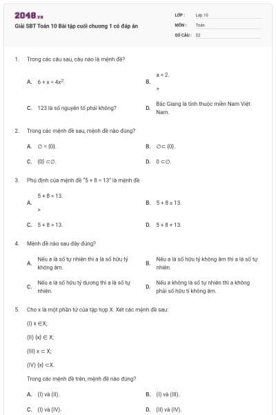 Giải SBT Toán 10 Bài tập cuối chương 1 có đáp án