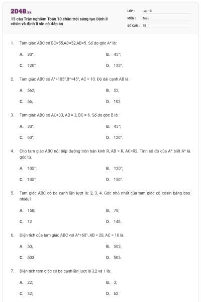15 câu Trắc nghiệm Toán 10 chân trời sáng tạo Định lí côsin và định lí sin có đáp án