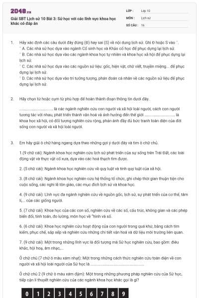 Giải SBT Lịch sử 10 Bài 3: Sử học với các lĩnh vực khoa học khác có đáp án