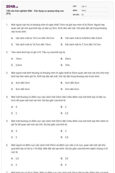 100 câu trắc nghiệm Mắt - Các dụng cụ quang nâng cao (P5)