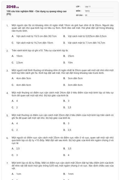 100 câu trắc nghiệm Mắt - Các dụng cụ quang nâng cao (P5)