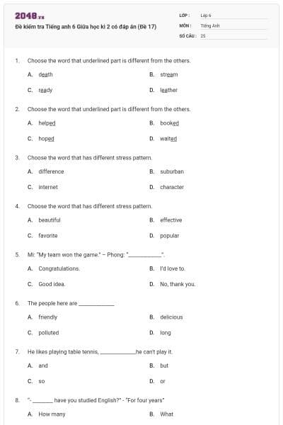 Đề kiểm tra Tiếng anh 6 Giữa học kì 2 có đáp án (Đề 17)