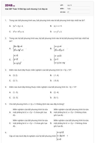 Giải SBT Toán 10 Bài tập cuối chương 2 có đáp án