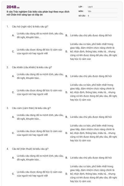 8 câu Trắc nghiệm Các kiểu câu phân loại theo mục đích nói Chân trời sáng tạo có đáp án