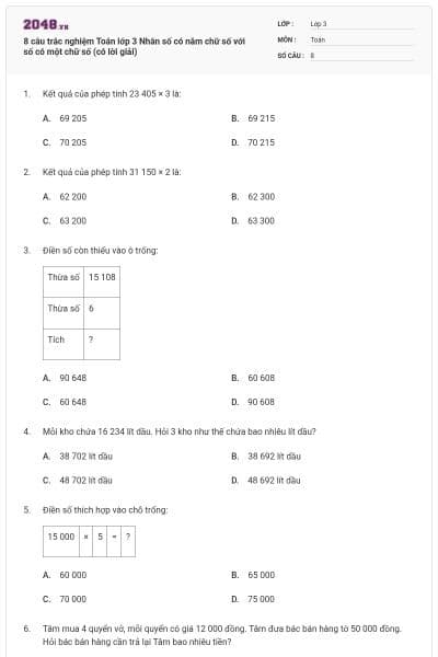 8 câu trắc nghiệm Toán lớp 3 Nhân số có năm chữ số với số có một chữ số (có lời giải)