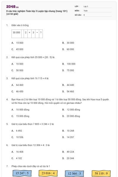 8 câu trắc nghiệm Toán lớp 3 Luyện tập chung (trang 101) (có lời giải)