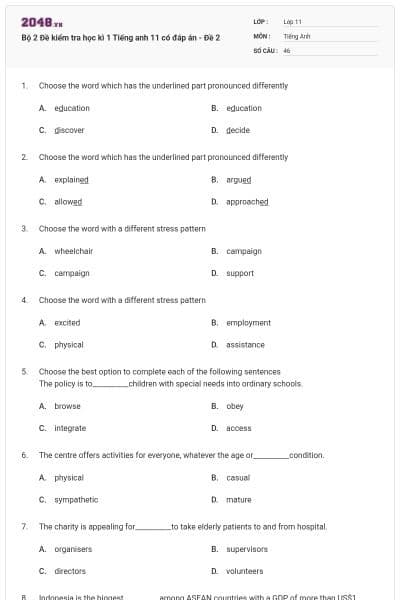 Bộ 2 Đề kiểm tra học kì 1 Tiếng anh 11 có đáp án - Đề 2