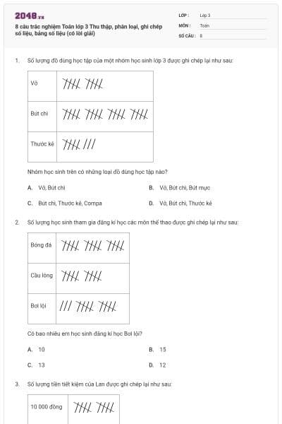 8 câu trắc nghiệm Toán lớp 3 Thu thập, phân loại, ghi chép số liệu, bảng số liệu (có lời giải)