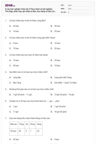 8 câu trắc nghiệm Toán lớp 3 Thực hành và trải nghiệm Thu thập, phân loại, ghi chép số liệu, đọc bảng số liệu (có lời giải)
