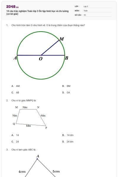 10 câu trắc nghiệm Toán lớp 3 Ôn tập hình học và đo lường (có lời giải)