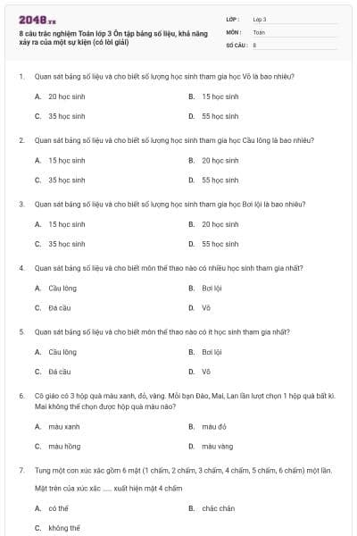 8 câu trắc nghiệm Toán lớp 3 Ôn tập bảng số liệu, khả năng xảy ra của một sự kiện (có lời giải)