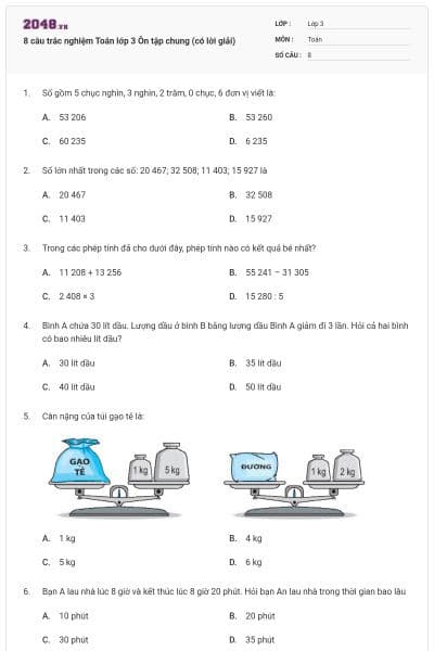 8 câu trắc nghiệm Toán lớp 3 Ôn tập chung (có lời giải)