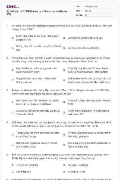 Bộ đề luyện thi THPTQG môn Lịch Sử cực hay có đáp án (P7)