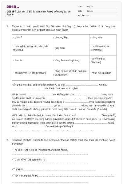 Giải SBT Lịch sử 10 Bài 8: Văn minh Ấn Độ cổ trung đại có đáp án