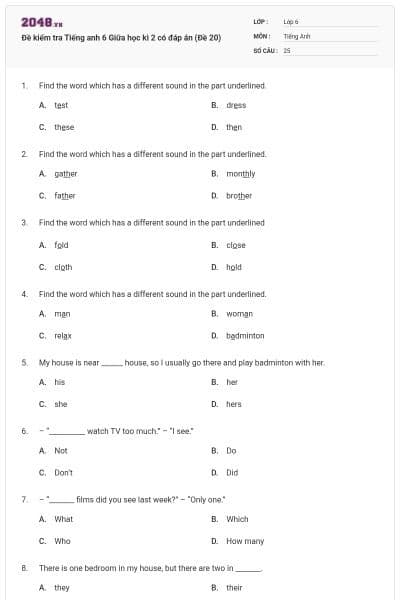 Đề kiểm tra Tiếng anh 6 Giữa học kì 2 có đáp án (Đề 20)