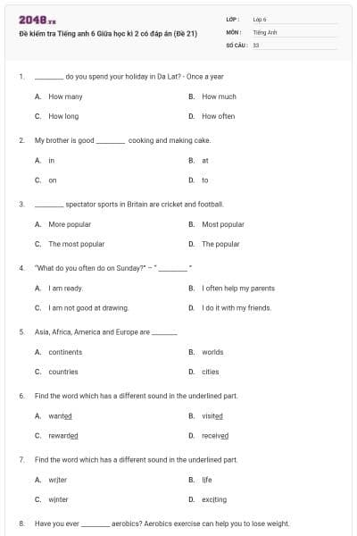 Đề kiểm tra Tiếng anh 6 Giữa học kì 2 có đáp án (Đề 21)