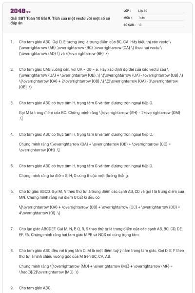 Giải SBT Toán 10 Bài 9. Tích của một vectơ với một số có đáp án