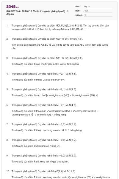 Giải SBT Toán 10 Bài 10. Vectơ trong mặt phẳng tọa độ có đáp án