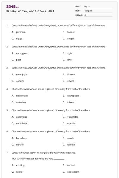 Đề thi học kì 1 Tiếng anh 10 có đáp án - Đề 4
