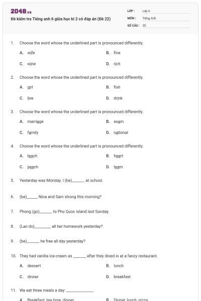 Đề kiểm tra Tiếng anh 6 giữa học kí 2 có đáp án (Đề 22)
