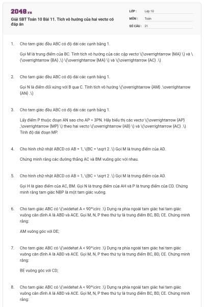 Giải SBT Toán 10 Bài 11. Tích vô hướng của hai vectơ có đáp án